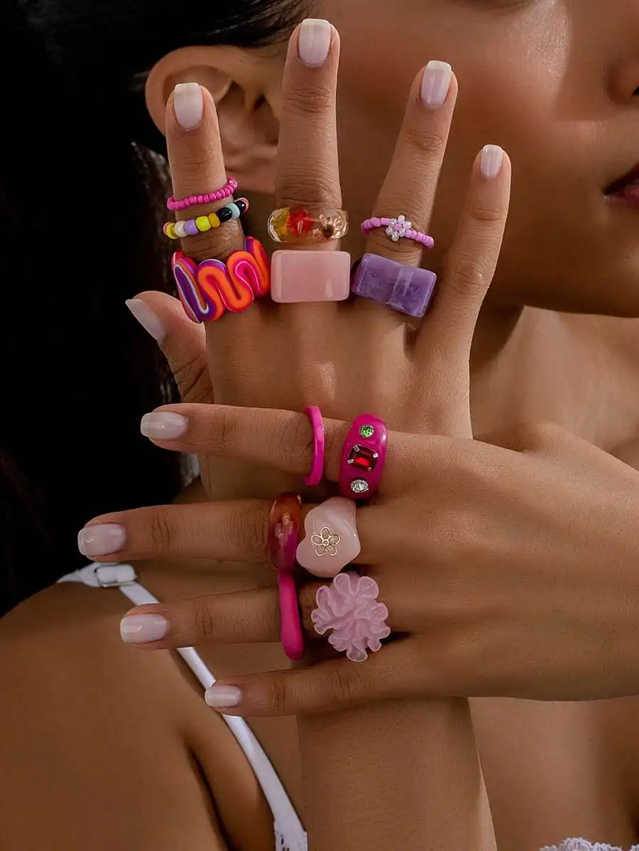 

13pcs Asymmetrical Multi-Element Pink Fashion Rings Set For Women Party Daily Wear