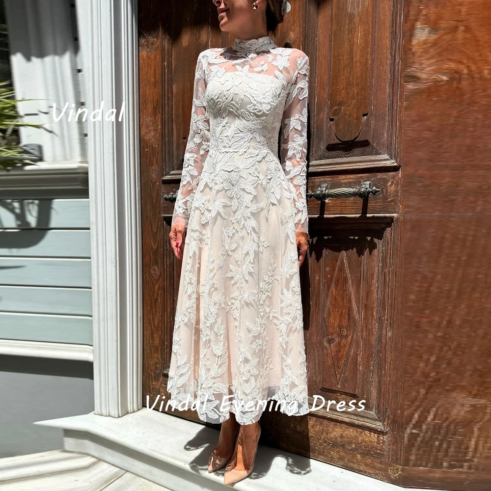 

Vindal Lace Tea length O-Neck luxurious Flower A-Line Fashion Beaded Breast Padding Elegant Long Sleeves السعود For Woman 2024