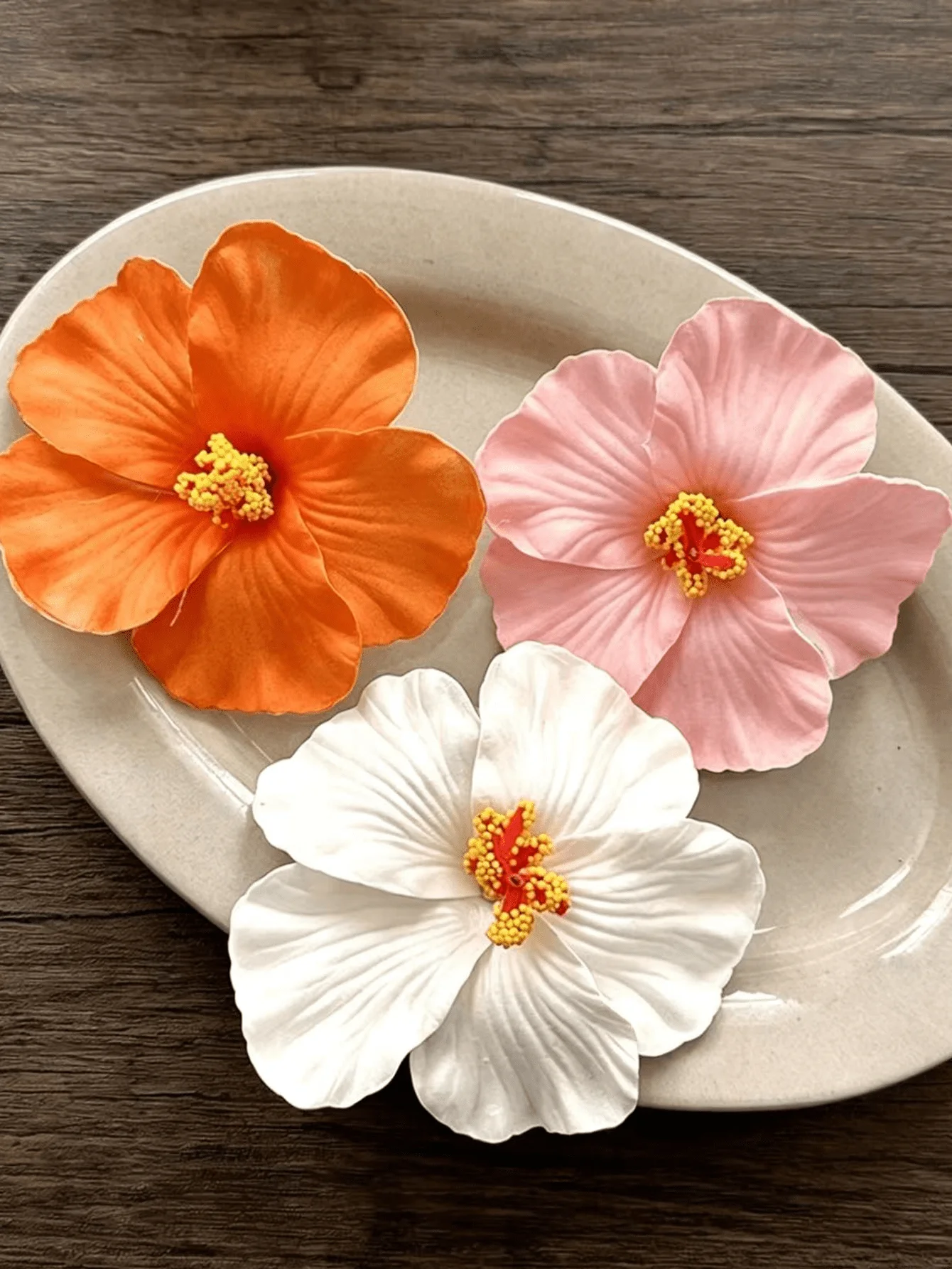 Three-Color Artificial Hibiscus Hair Clip Set – Orange, Pink, White Tropical Flower Accessory For Beach, Wedding, Festival,