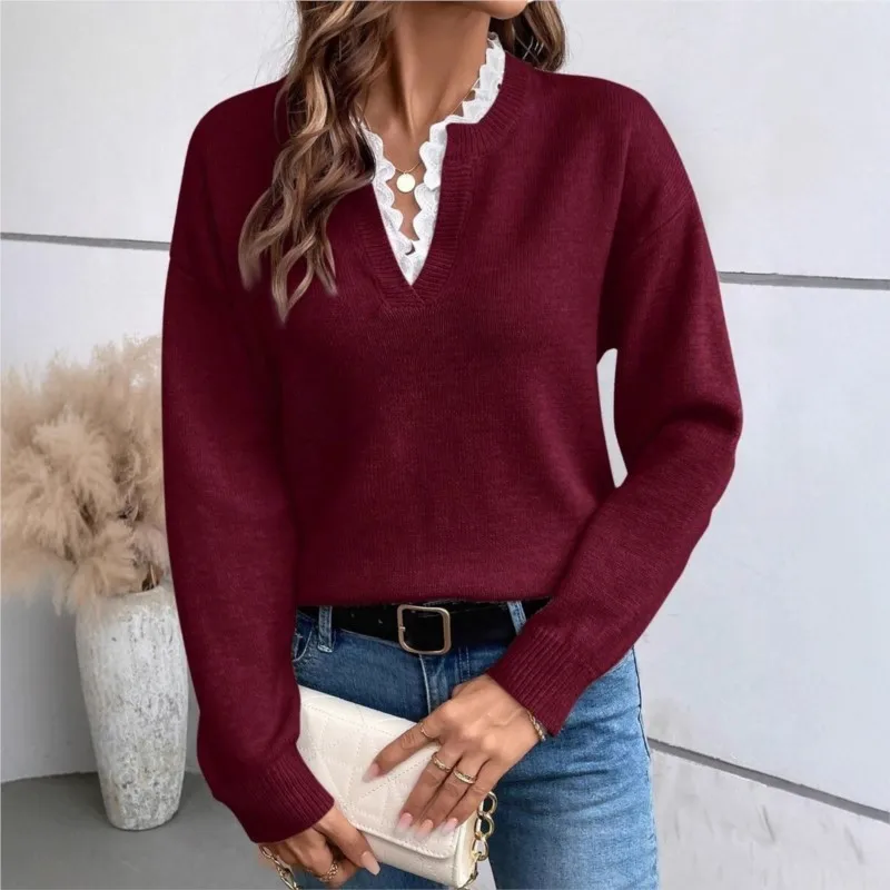 Women's Lace V-neck Long Sleeve Knitted Sweater Autumn Winter Warm Fashionable Solid Loose Knitwear for Women