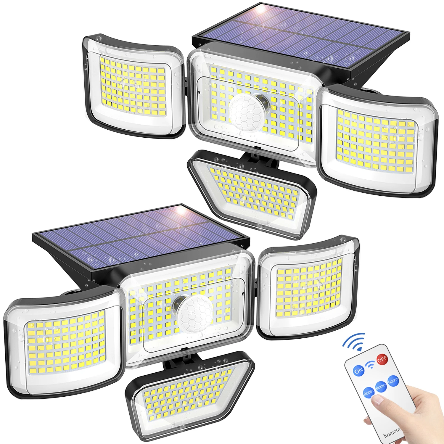 Zewnętrzne lampy solarne 278LED IP65 wodoodporne z czujnikiem ruchu, lampy bezpieczeństwa ze zdalnym sterowaniem, 4 regulowane głowice, 3000LM, szeroki kąt świecenia 270 stopni, lampa ścienna zasilana