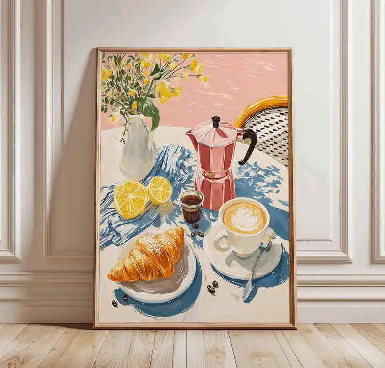 French Café Breakfast Canvas Wall Art, Unframed Vintage Espresso Poster Coffee and Croissant Kitchen Wall Art for Bedroom Dec