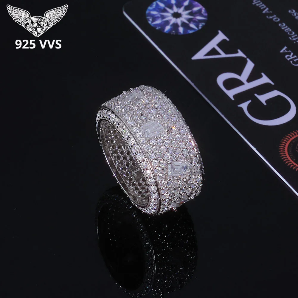 Кольцо с муассанитом 925 VVS, ювелирные изделия в стиле хип-хоп, Bling Iced Out, круглое квадратное кольцо с муассанитом и бриллиантом, мужское и женское кольцо, подарок