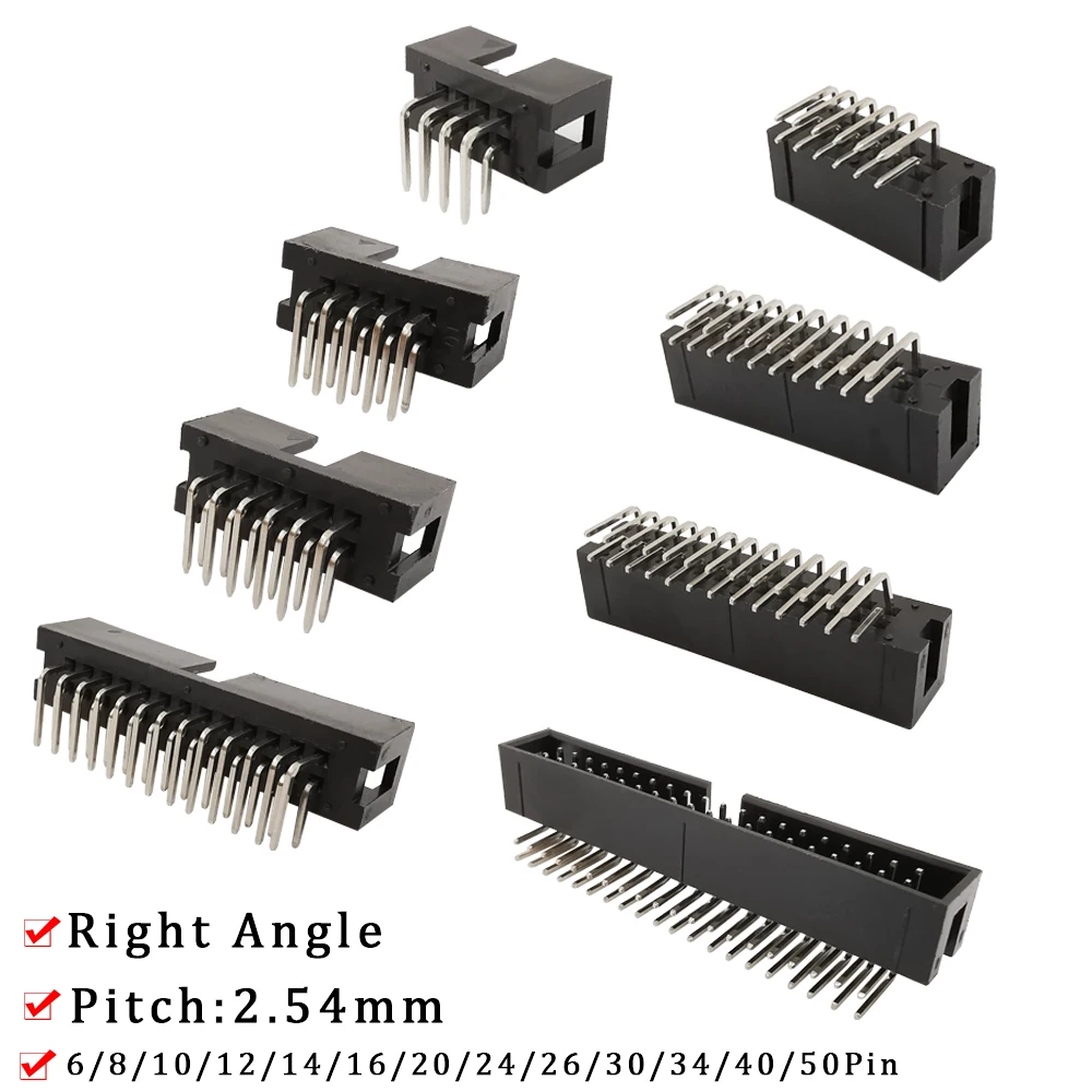 10Pcs DC3 2.54mm Double Row Socket Header Connector 2.54mm Pitch 6P~50Pin Right Angle DC3 Male IDC JTAG Box Header PCB Connector