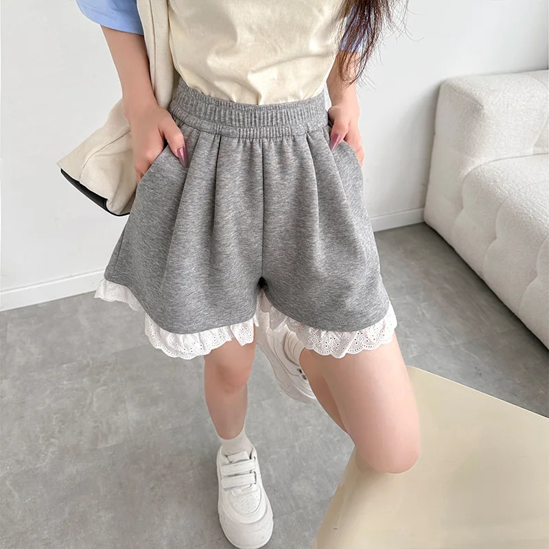 

Женские серые шорты с кружевом и рюшами, прямые свободные шорты трапециевидной формы с высокой талией, модные милые корейские шорты с эластичной резинкой на талии