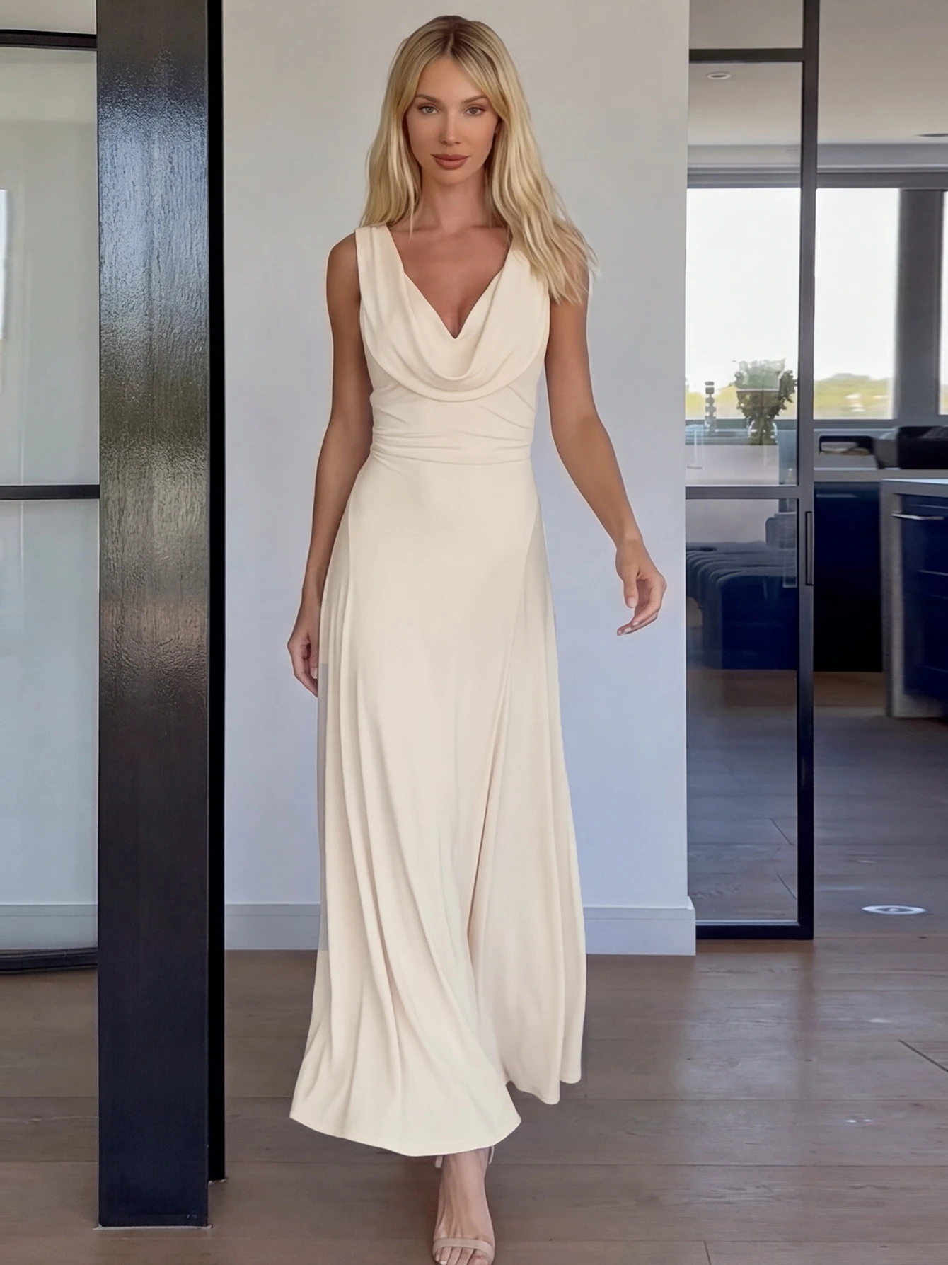 Dulzura Swinging Collar Sleeveless Ruched Slim Fit Long Dress Women'S Solid Sexy Elegant Evening Dress Party Club Prom Clothes
