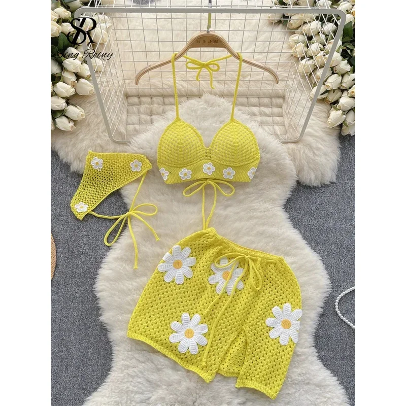 SINGREINY Korean Hollow Out Knitted Suits Women Halter Lace Up Bow Backless Tank Top+Drawstring Split Mini Skirt Two Pieces Sets
