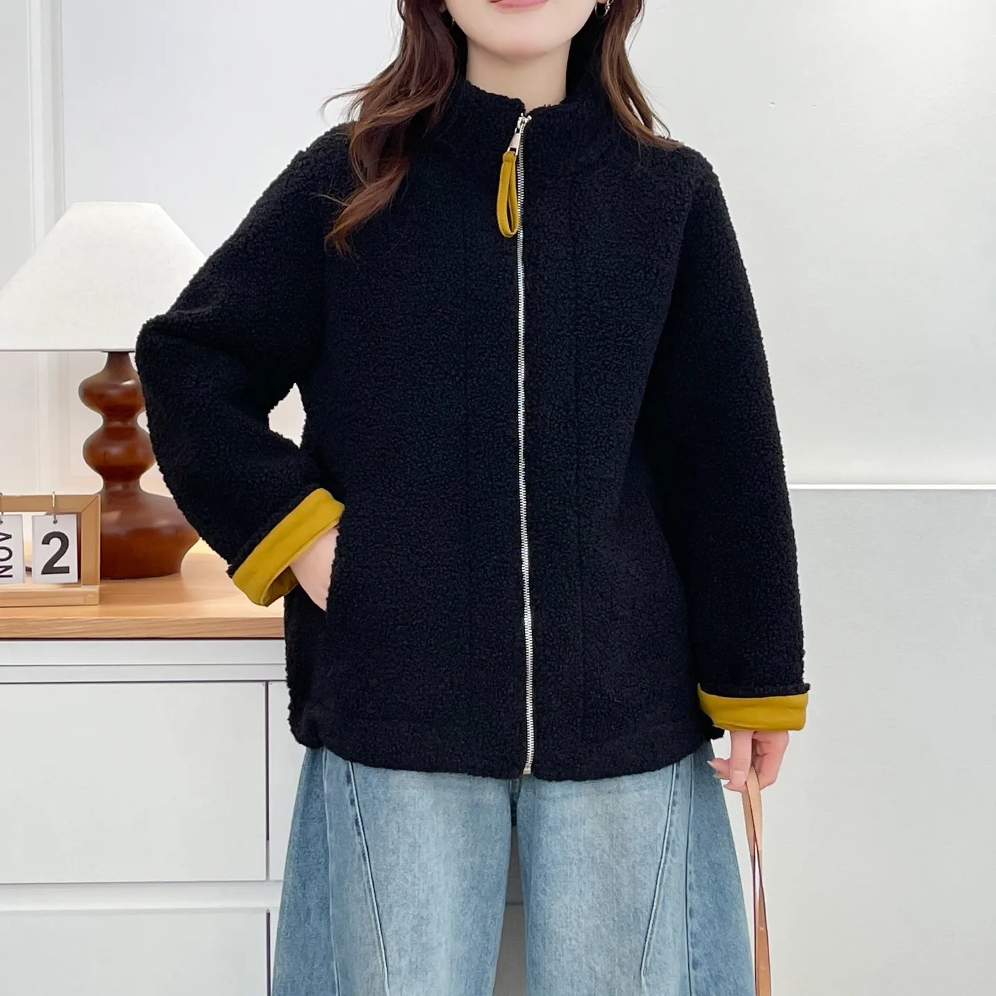 

XXXXL модная женская одежда больших размеров, куртка из овечьего флиса, зима 2029, новый стиль, теплое утолщенное пальто с воротником-стойкой 2596