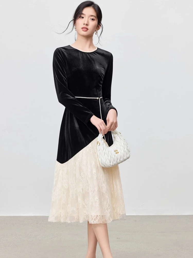 

SENTUBILA Women's Contrast Color Fake Two Pieces Dress 2025 Autumn Elegant Removable Pearl Belt Lace Trimmed Dress 153LI3207
