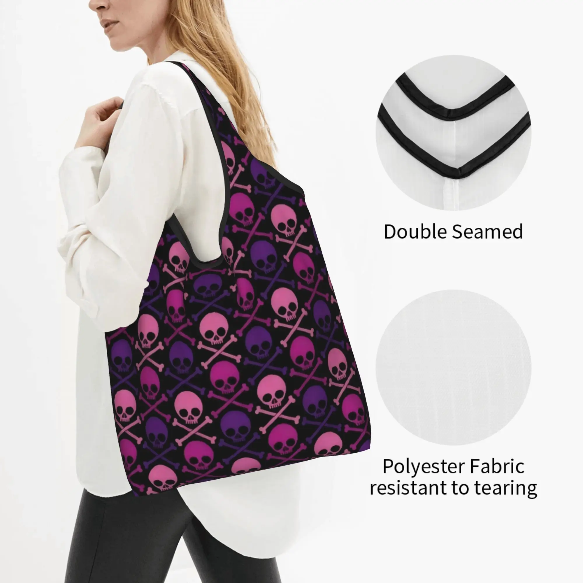 Skull  Groceries Tote Shopping Bag Women Cute Horror Skeleton  Shopper Shoulder Bag Large Capacity Handbag