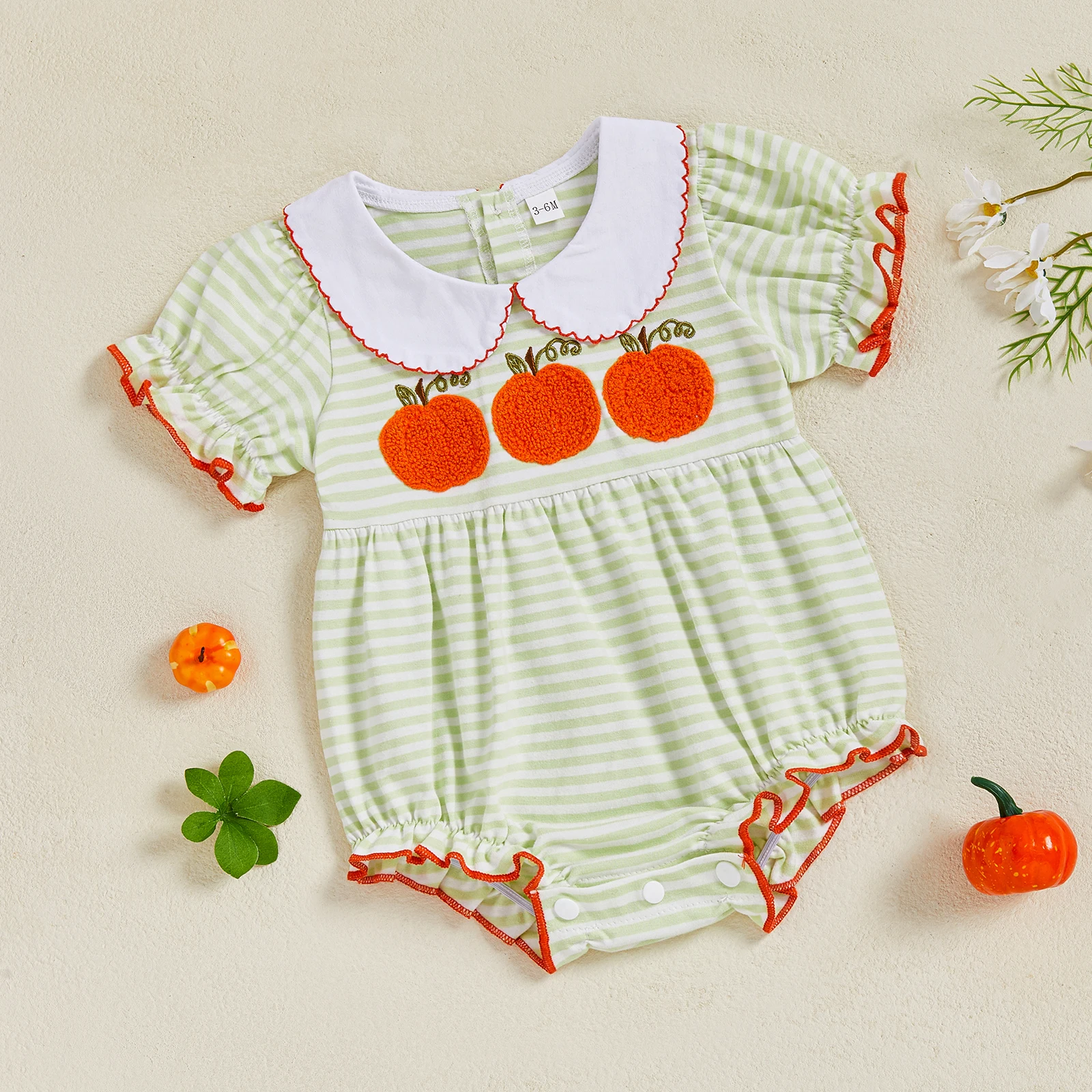 Kleinkind Baby Mädchen Kürbis Gestickte Puppe Kragen Infant Kurzarm Gestreiften Halloween Strampler Body Kinder Kleidung
