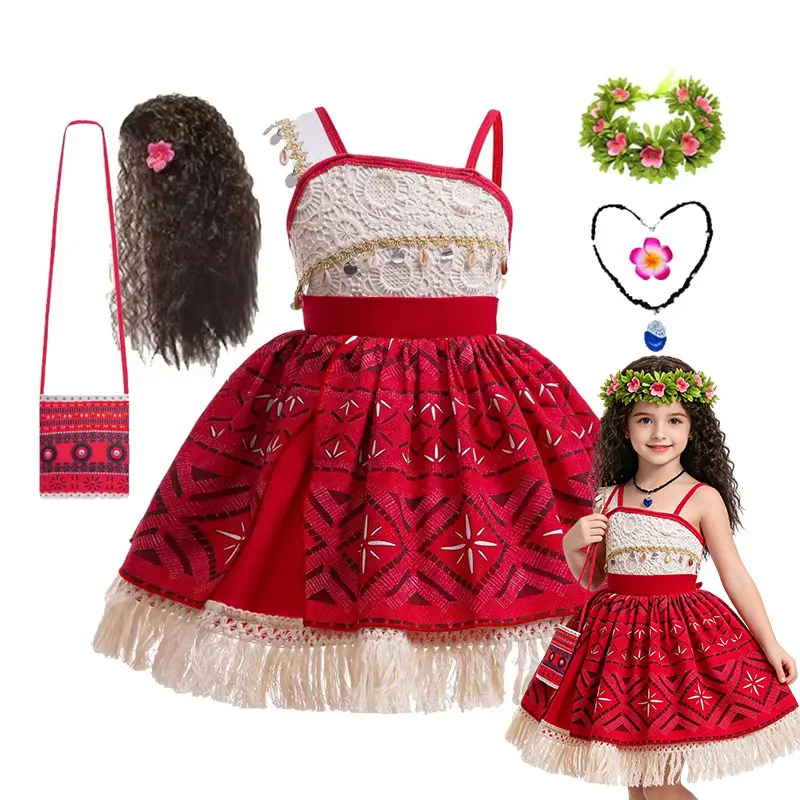 Girls Moana Princess Dress for Kids Carnival Cosplay Costume Children Birthday Party Headwear Necklace Flower Clothes Set Vaiana