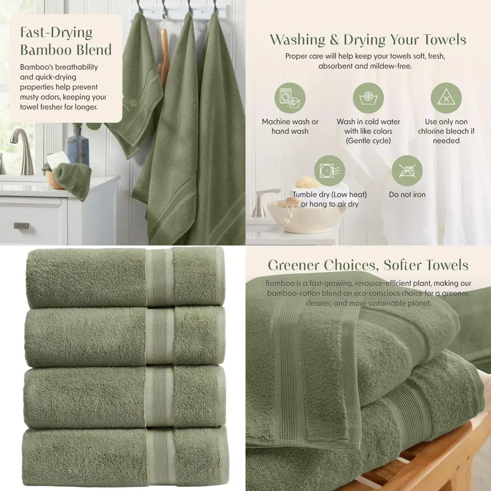 

Set of 4 Bamboo Viscose Bath Towels: 35% Bamboo, 65% Cotton, Oeko-TEX Certified, Lily Pad Green