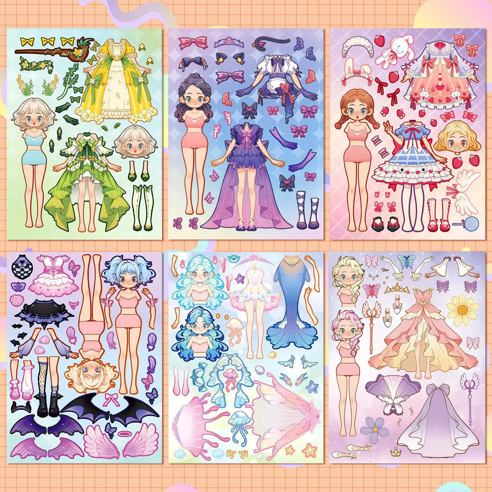 6 Sheets Cute Princess Puzzle Stickers Dress Up&Face Swap DIY Decor Sticker Cartoon Children's Toys Stationery Reward Stickers