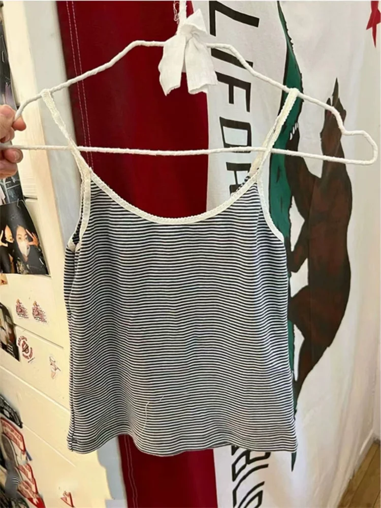 Sweet Women Black Striped Tops 2024 Fashion Summer O-neck Lace Camisole Ladies Vintage Female Soft Cute Sleeveless Cotton Camis