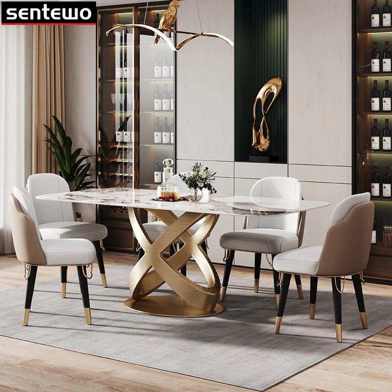 Luxury Dinner Room Marble Rock Slab Dining Table Set 4 6 8 Chairs Mesa De Jantar Comedor Tavolo Pranzo Stainless Steel Gold Base