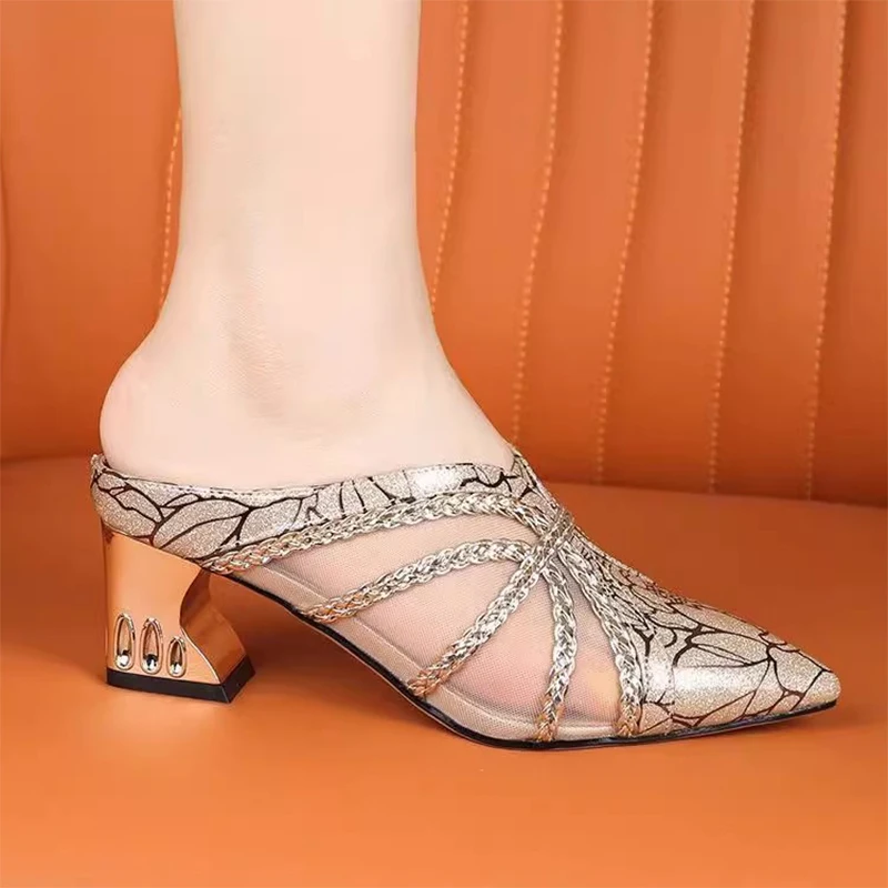 

Женские туфли-лодочки на высоком каблуке, босоножки на каблуке с острым носком, элегантные сетчатые тапочки, лето 2025, туфли-лодочки, шлепанцы, новое платье, женская обувь