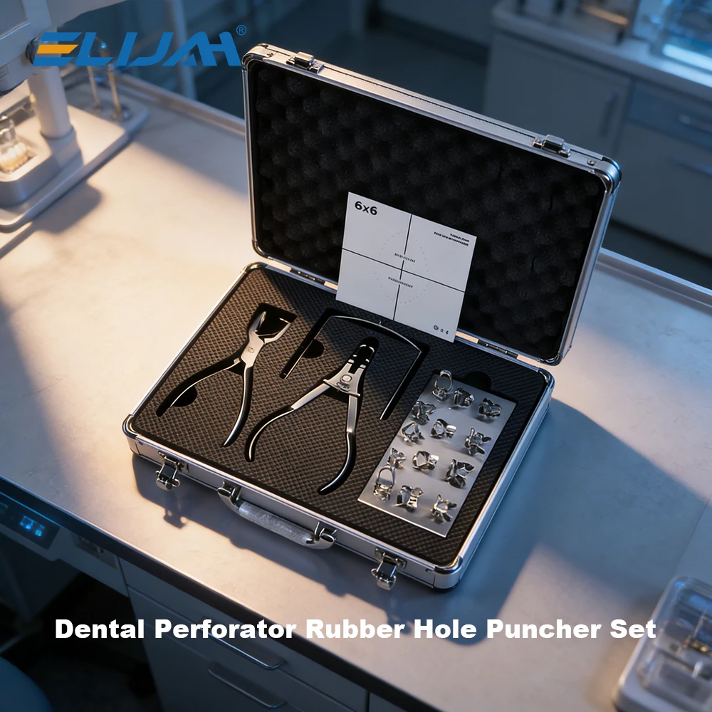 

ELIJAH Stainless Steel Dental Perforator Rubber Hole Puncher Set With 13 Pcs Rubber Band Clips and Punching Forceps Dental Tool
