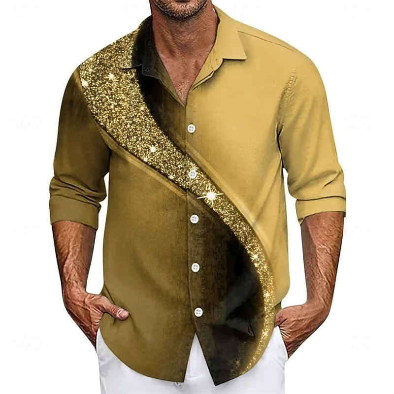 Men's long sleeved shirt button down shirt casual shirt 3D line printed long sleeved daily fashionable and comfortable