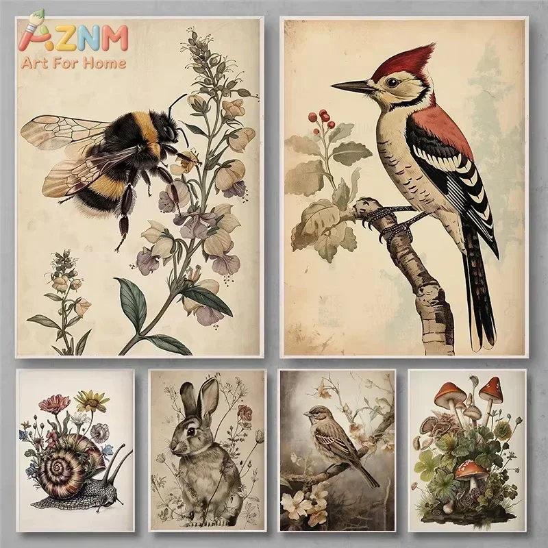 AZNM Vintage Botanical Wildlife Canvas Wall Art Set of 6 Bee Bird Rabbit Snail Mushroom Print Poster Antique Nature Gallery Wall