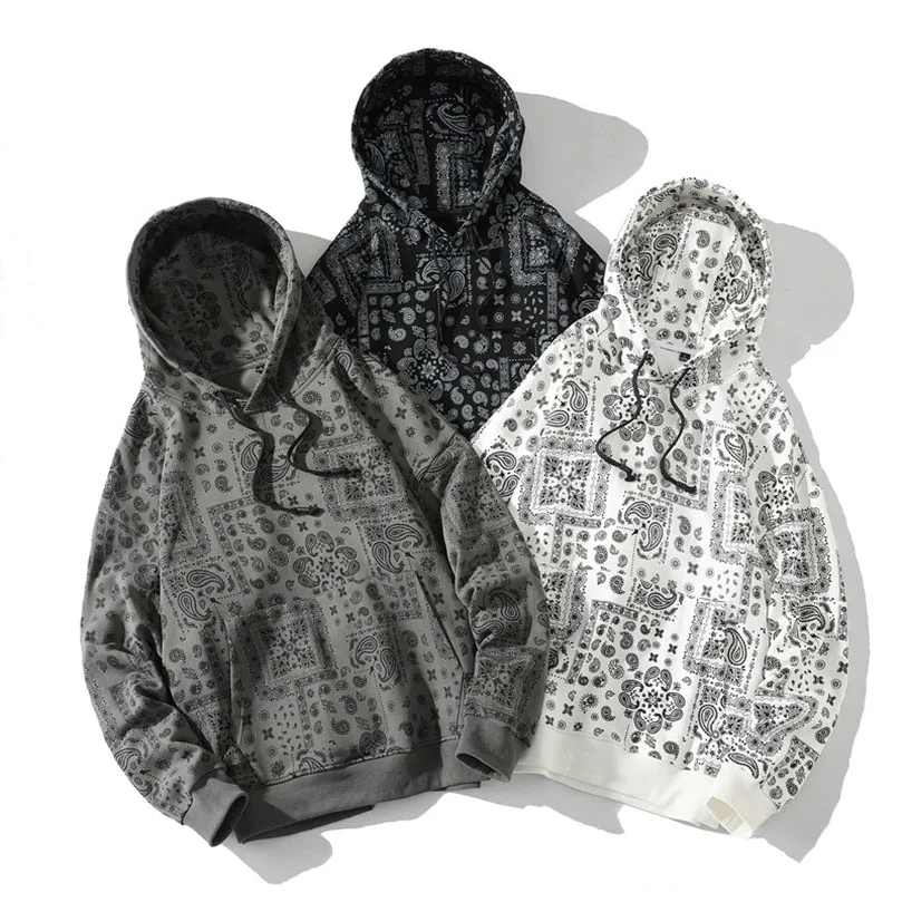 Brand Bandana Print Sweatshirts Black White Knitted Hooded Male Hoodies Spring Cotton Paisley Couple Clothing 2023 Autumn