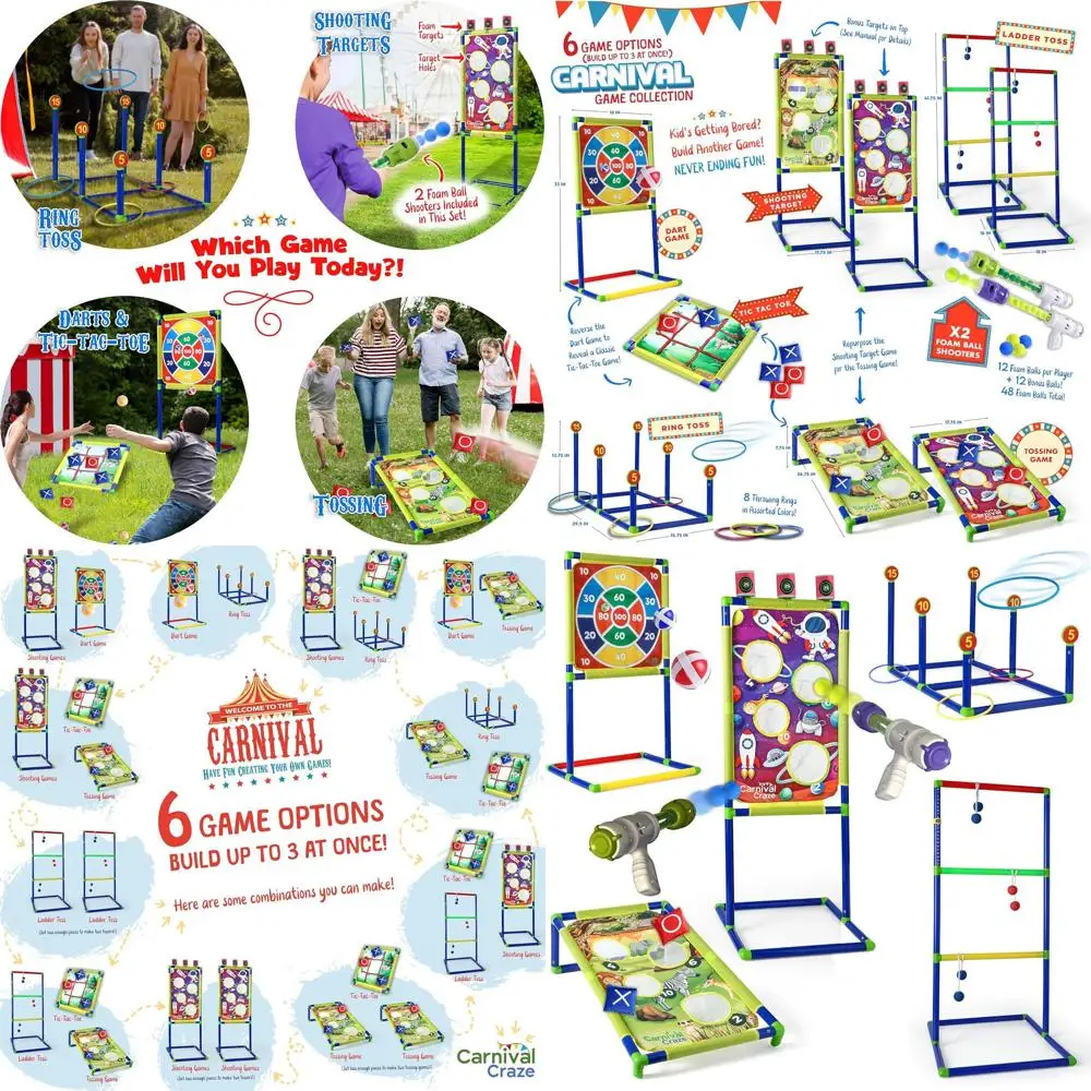 

Carnival Games for Kids - Yard Games Include: Ring Toss, Beanbag, Ball Shooting Target Game, Ladder Toss, Darts Board, Tic Tac T
