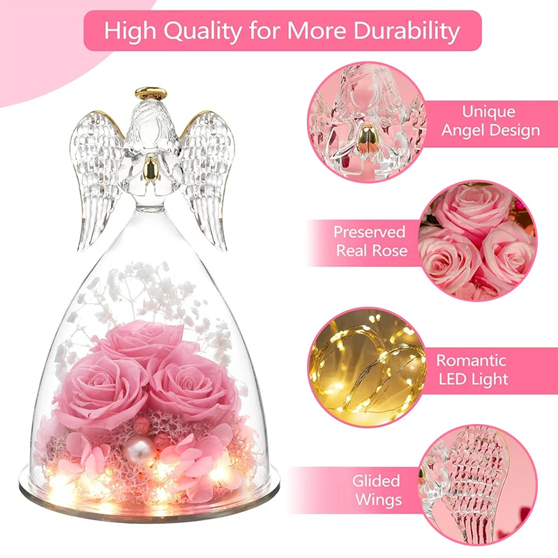 Imagem -05 - Anjo de Vidro Rosa Eterna com Luz Led Estatueta Romântica Rosa Decoração de Casamento Aniversário Presente de Namorados Namorada para Ela