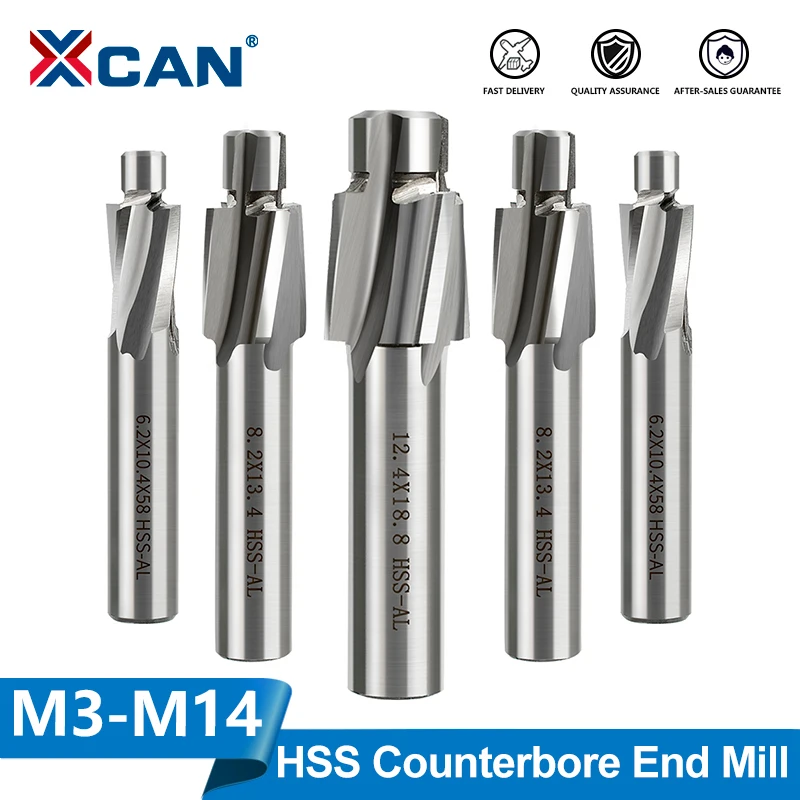 XCAN 1 Stück 4-schneidiger HSS-Senkfräser M3-M14 mit Zentrierspitze, Schlitzfräser, Senkbohrer, Flachfräser