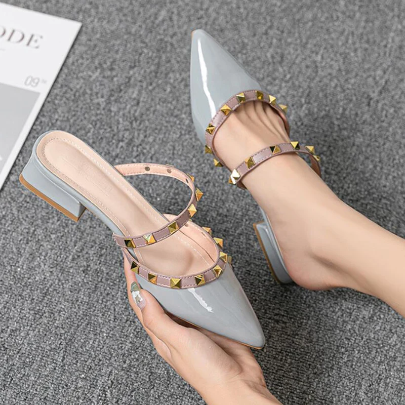 Summer Rivets high-heeled Slippers For Women Fashion Brand Designed Pointed Party Sandals Dress Shoes Slides Large size 41-43