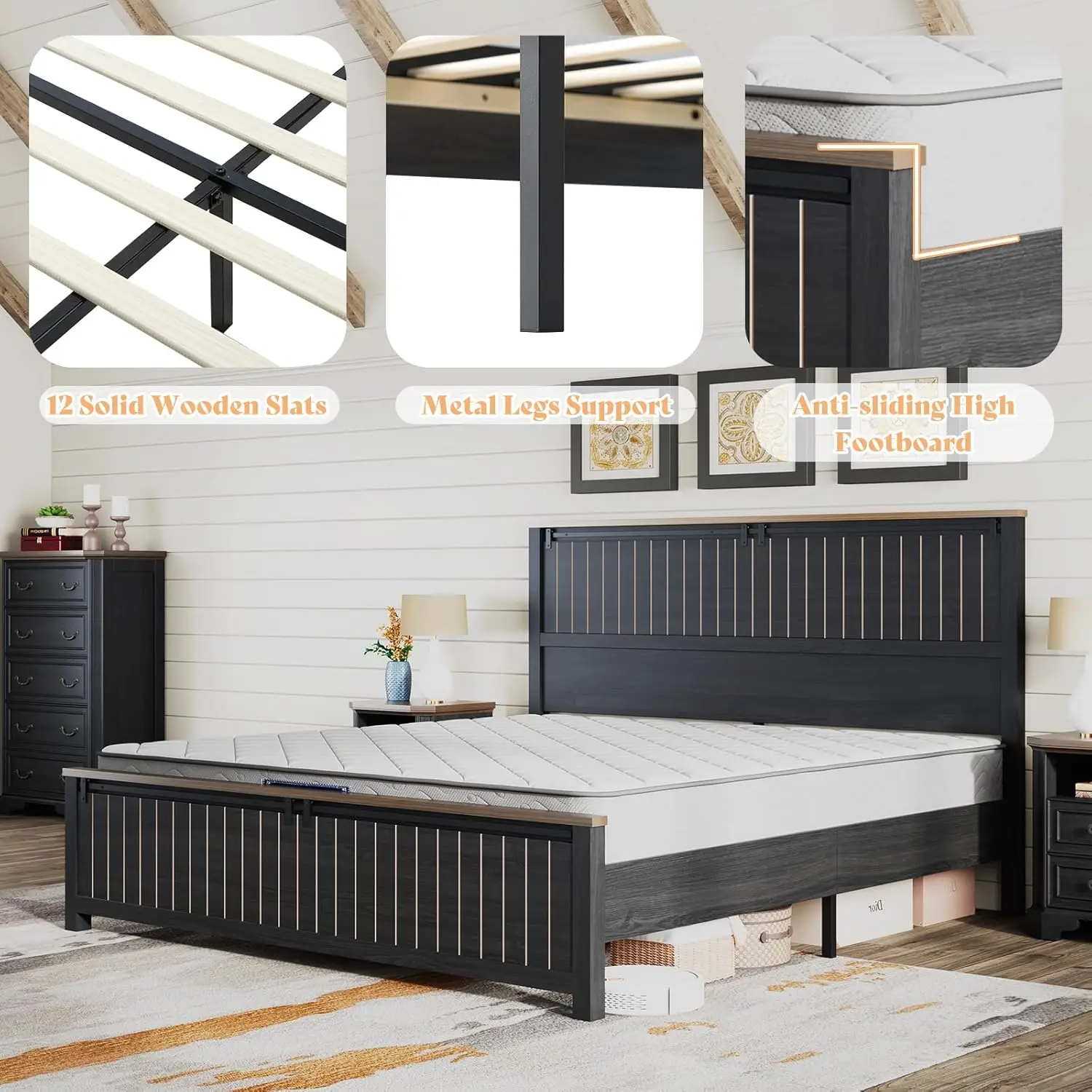 إطار سرير بحجم كوين للمزرعة مع باب حظيرة منزلق، إطار سرير بمنصة ريفية خشبية مع لوح رأسي طويل القامة مقاس 47 بوصة، خالي من الضوضاء، سول