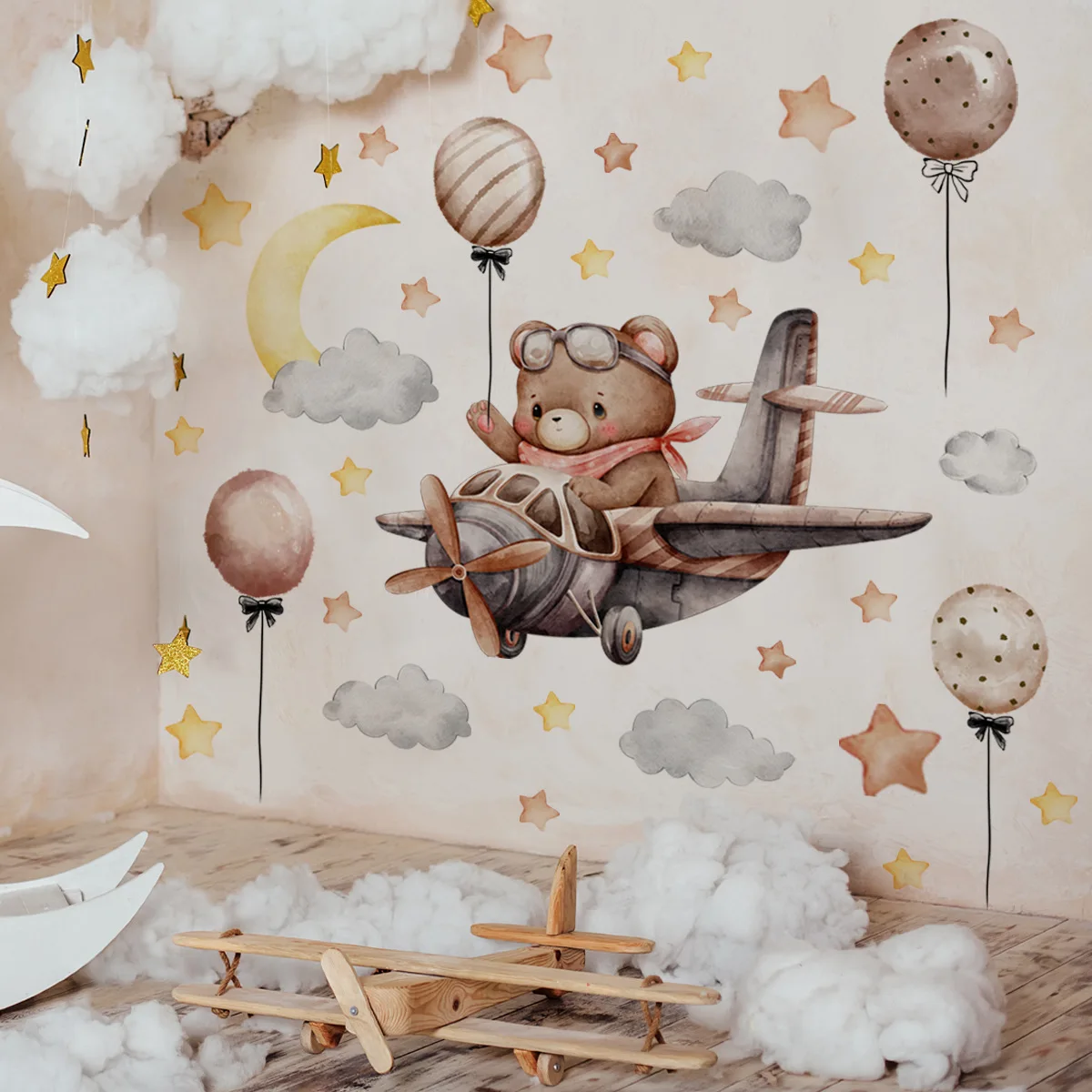 

2pcs Cartoon Bear Flying Airplane Wall Stickers Children's Room Kindergarten Hot Air Balloon Star Decoration Wall Sticker Bm2045