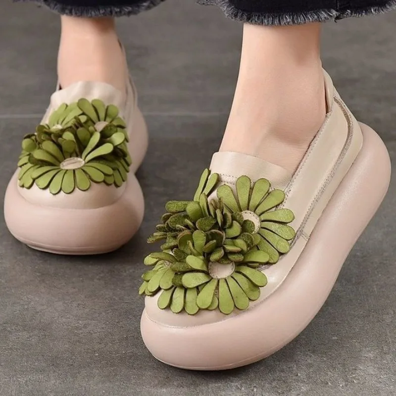 

Винтажная спортивная обувь на толстой подошве с цветочным принтом, осенние кожаные женские туфли на плоской платформе, удобные лоферы, брендовая обувь Mujer Zapatillas