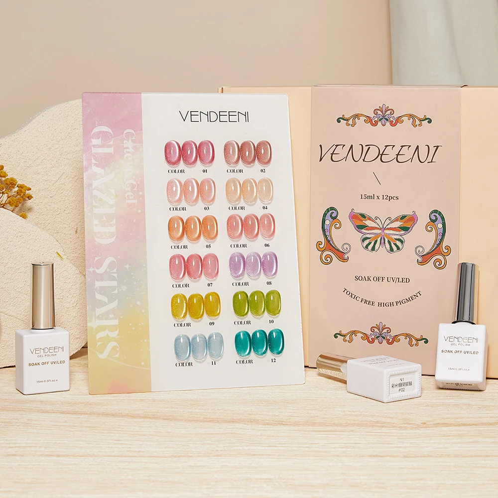 Vendeeni 12 Farben/Set Kristall-Katzenaugen-Gel-Nagellack Magnetischer UV-Soak-Off-Gel-Lack Rot Lila Neon-Katzenaugen-Gel mit Display – Detail 7