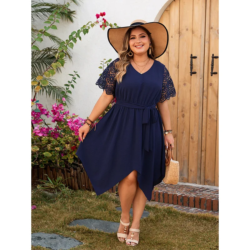 Plus Size Dress Summer V-neck Navy Blue Solid High Waist Dress for Women Hollow Sleeve Oversized Clothing Knee Length