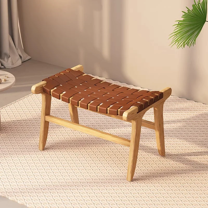 

Minimalist Rope Woven Footstool Solid Wood Low Bench Artistic Entryway Shoe Bench Home Living Room Small Dining Stool