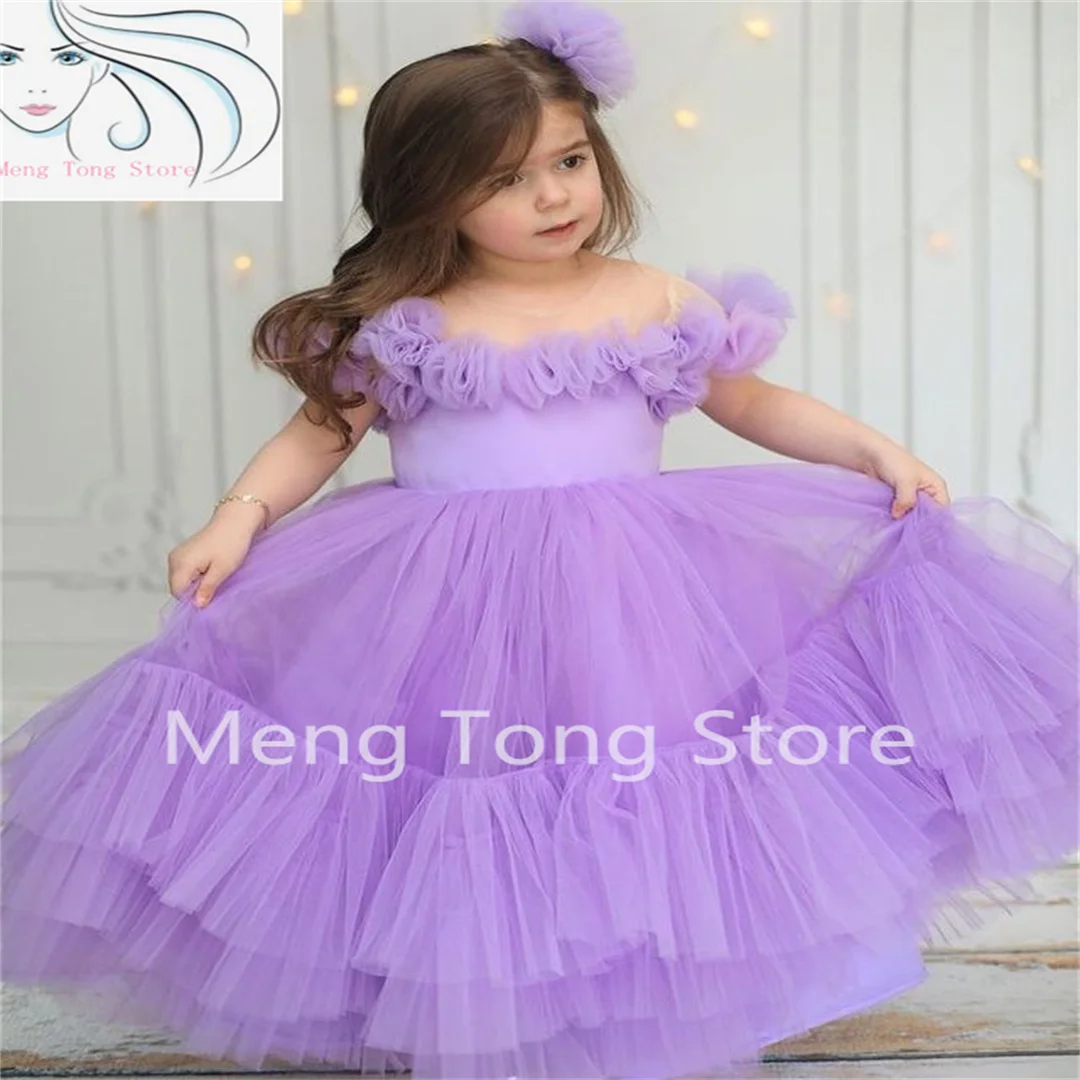 

Lavender Sheer Neck Flower Dresses A-line Tulle Tiers Satin Vintage Lit Tle Girl Peageant Dress Gowns