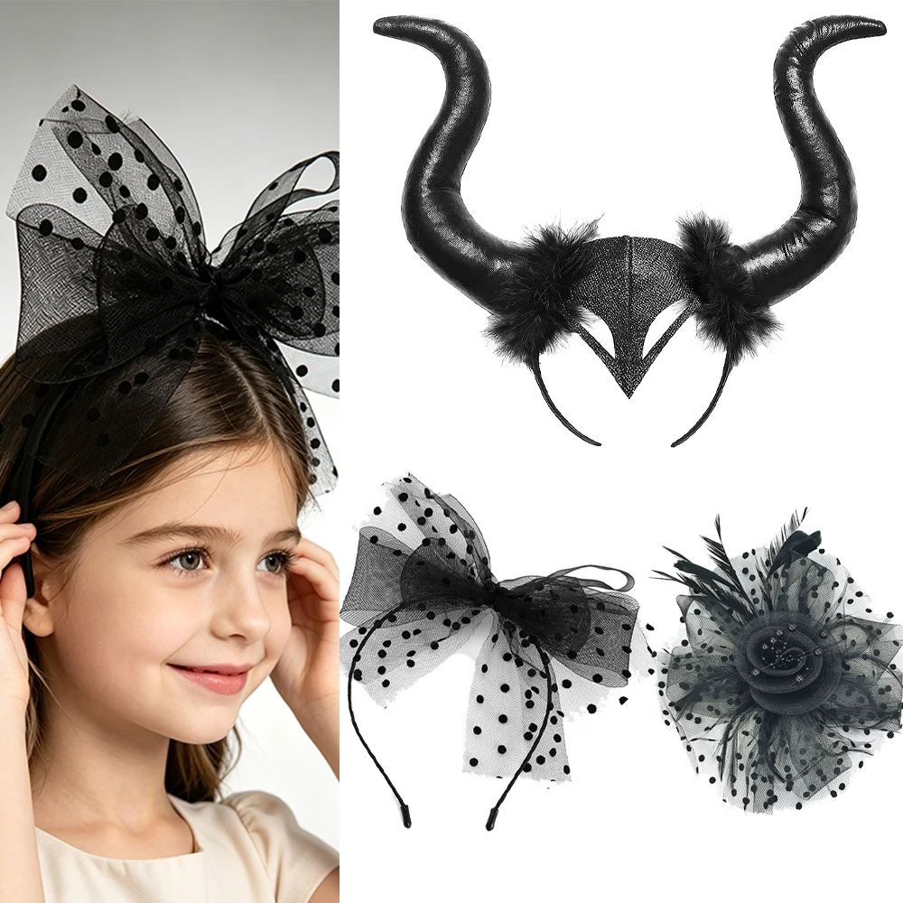 Black Witch Costumes Headbands Set Bow Horns Lace Flower Hair Hoop Cute Gothic Halloween Party Cosplay Costume Accessory Gift
