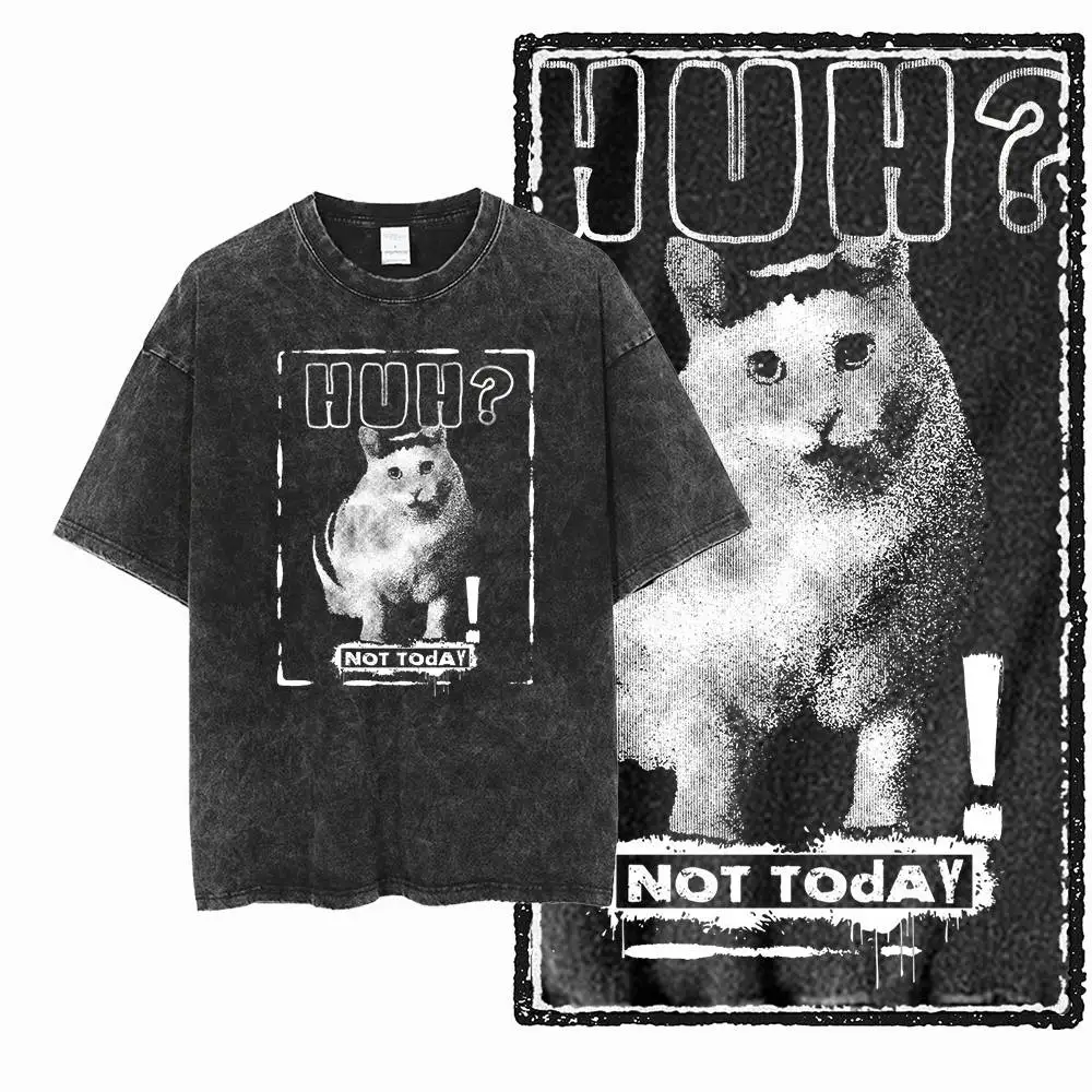 Huh Cat Meme Confused Cat Graphic Print Washed Distressed Big Size Cotton Men's Humor T-Shirt G80