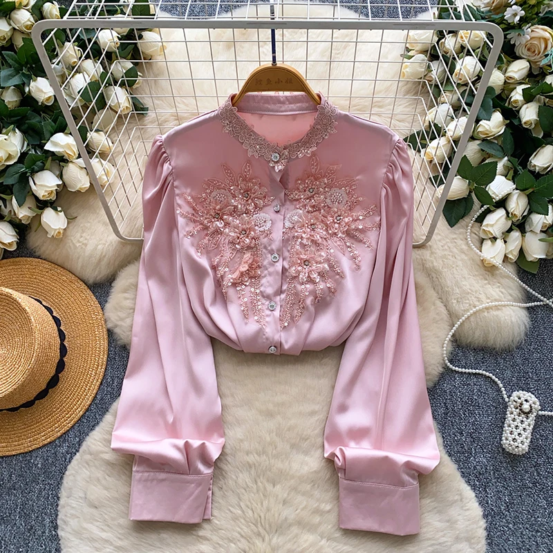 

Spring Autumn French Nail Bead Sequin Single Breasted Long Sleeved Satin Shirt Women's New Fashionable Commuting Party Top W78