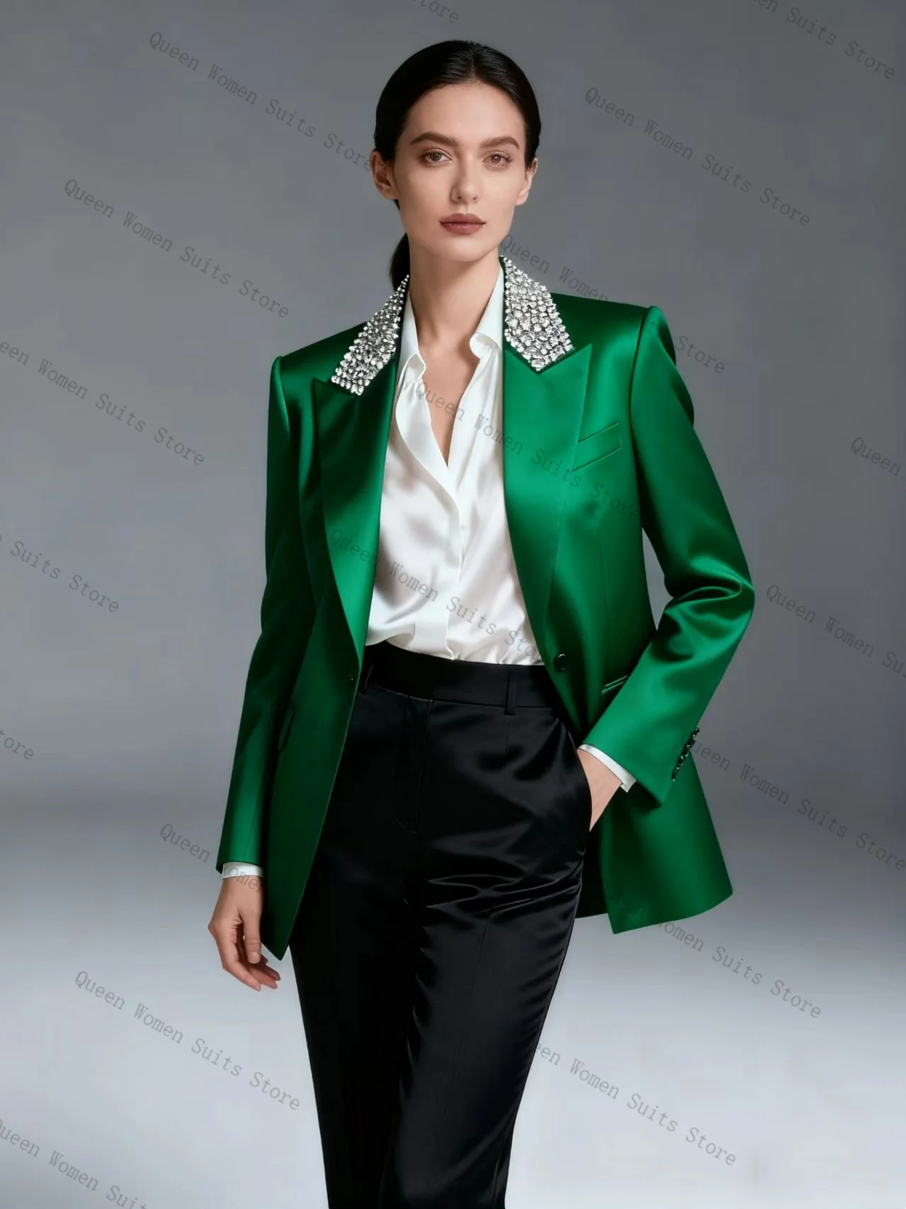 

Red Crystals Satin Women Suit Set 2 Pcs Blazer+Pants Trousers Formal Office Lady Jacket Guest Wedding Prom Coat Customized