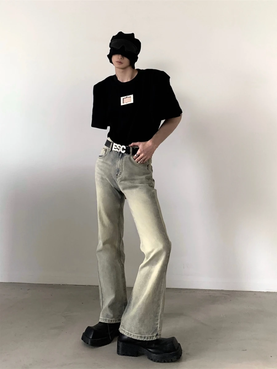 High Waist Straight Leg Men's Jeans Vintage Washed American Retro Yellow Clay Micro Flared Casual Jeans Youth Trend