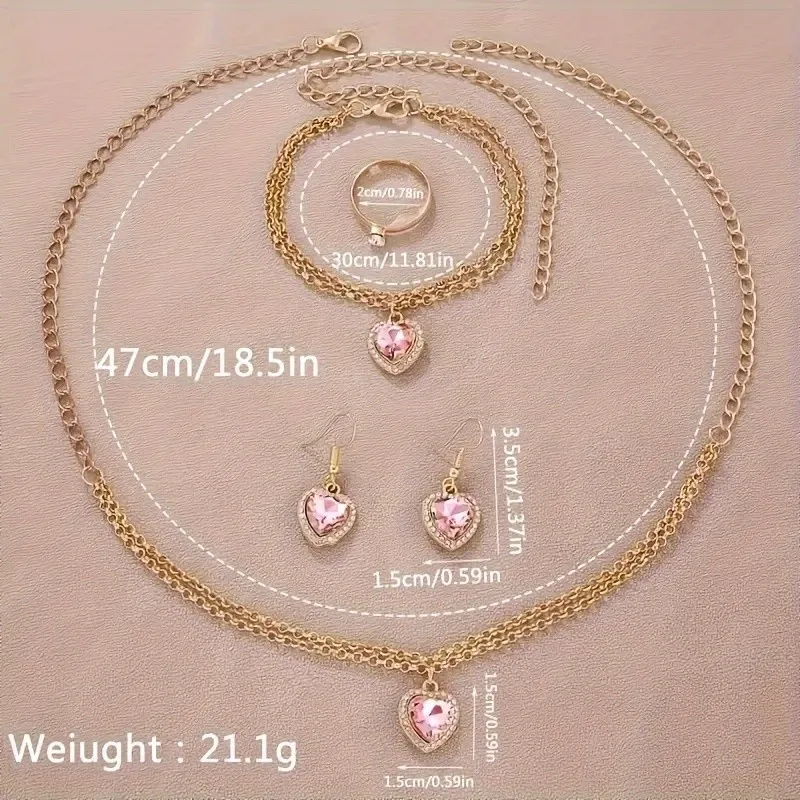 6pcs/set Women\'s Round Dial Watch Rhinestone   Starfish Pattern Pink Belt Quartz   Heart-shaped Jewelry Set