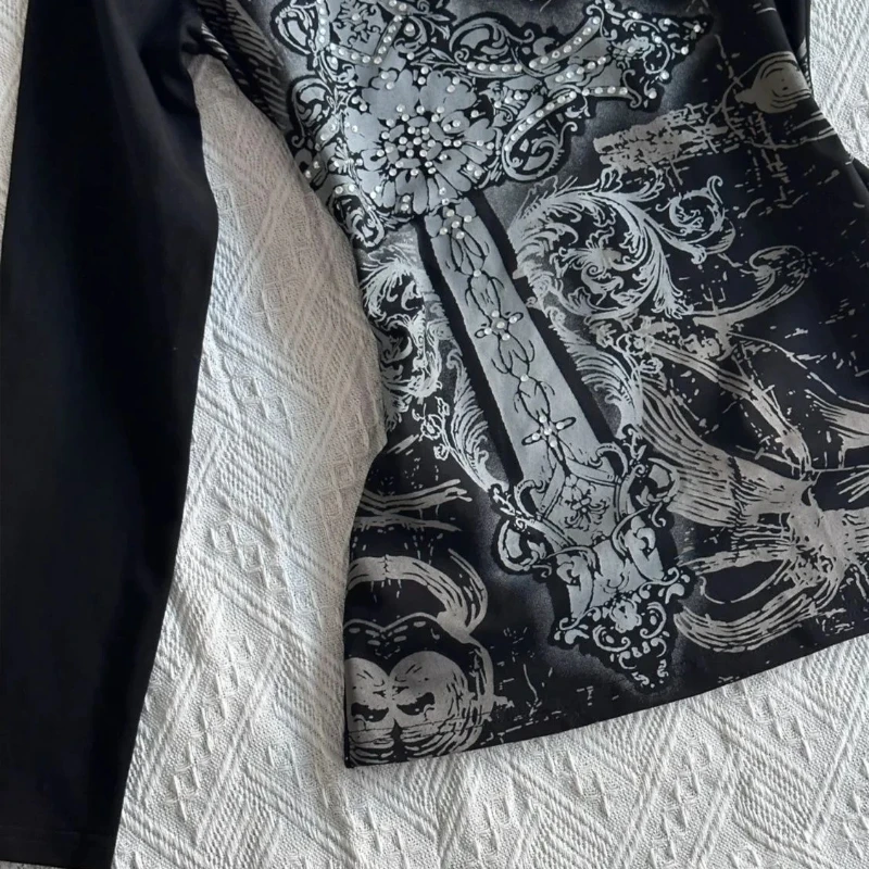 2025 المرأة الخريف y2k الأمريكية مثير تصميم أسود تي شيرت مطبوع للنساء نقية الخامس الرقبة ضئيلة عادية طويلة الأكمام تي شيرت #4