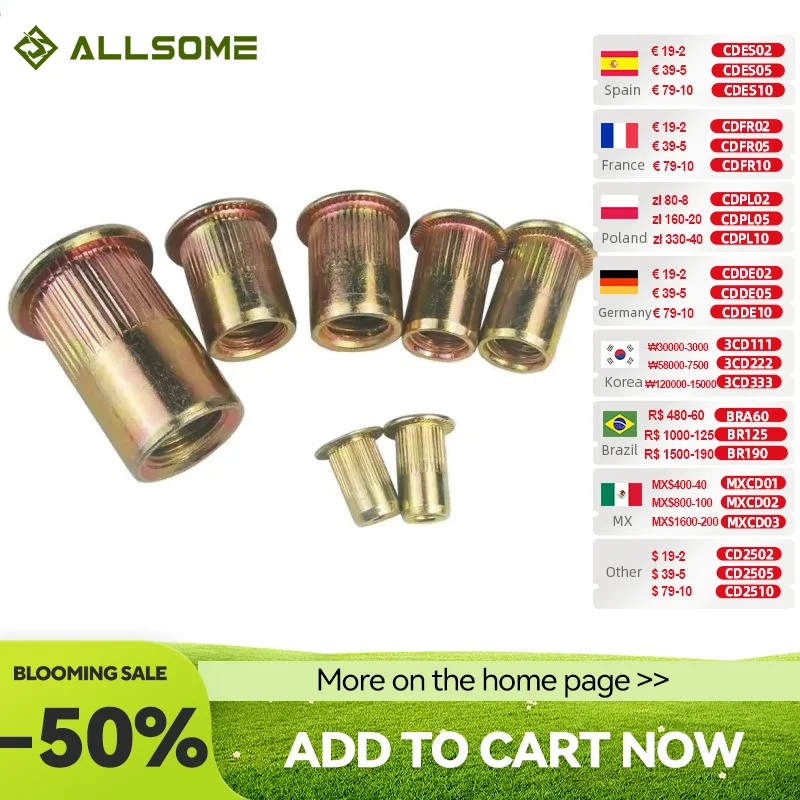 ALLSOME Carbon Stahl Niet Muttern Flache Kopf Insert Nutsert Gewinde Rivetnut M3 M4 M5 M6 M8 M10