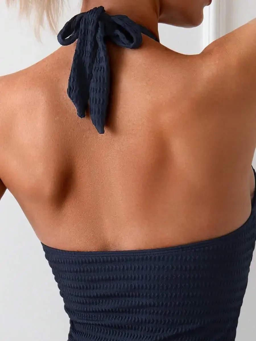 

Women Solid Color Halter Tie Closure One Piece Swimsuit For Beach Vacation