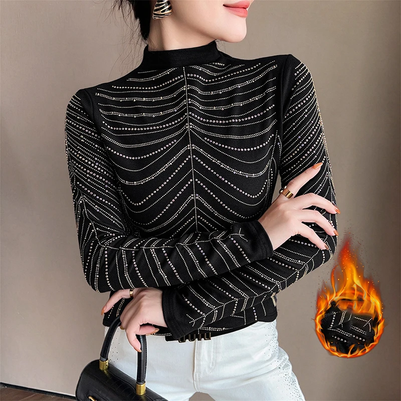 MadBlack-Women European Fleece T-Shirt, Sexy Mock Neck Diamond, Retro Long Sleeve Slim M-3XL Knit Tee, 2026 Autumn New T6O746CC