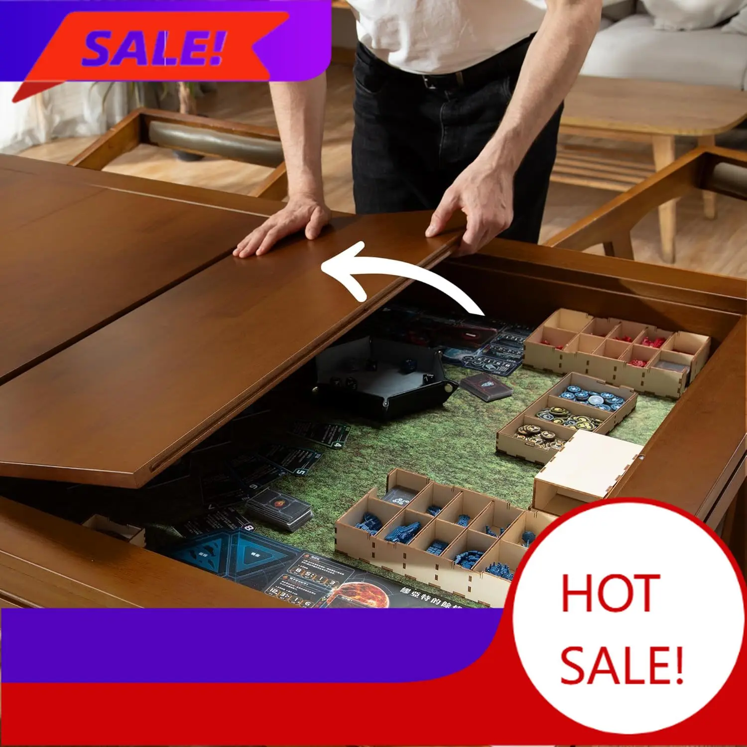 

Solid Wood Board Game Coffee Table with Removable Top, 3-in-1 Gaming and Dining Table Includes Play Mat & Detachable Cup Holders