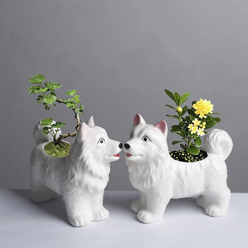 Handmade Samoyed Dog Animal Ceramic Flower Pot Succulent Planter Mini Cactus Bonsai Desktop Tabletop Home Office Decor Gift