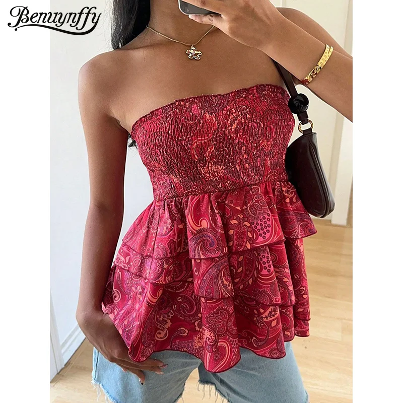 Top Tomara que Caia Feminino Benuynffy com Estampa Paisley Boho e Elástico, Coleção Verão 2026, Sexy para Férias, com Babados em Camadas e Bainha Franzida