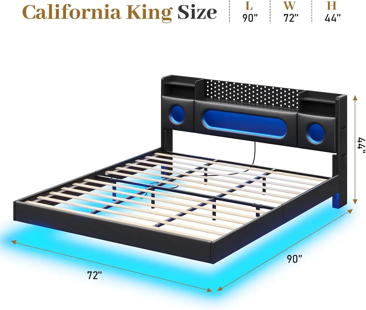 California King Bed Frames,Cal King Bed Frame with Hidden Storage Headboard | Floating Bed Frame with LED Light, Charging Statio